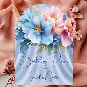 Pretty Blue Pink Flowers Birthday Party Invitation