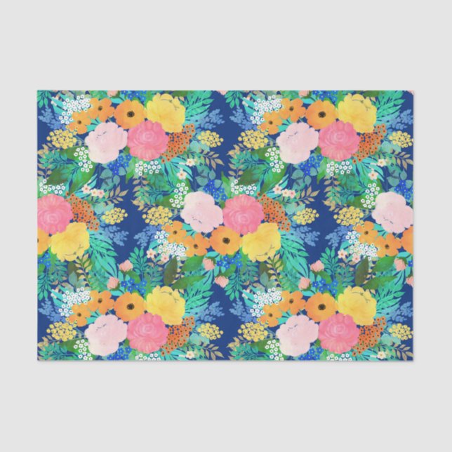 Pretty Blue Pink Flowers Boho Design Tissue Paper (Front)