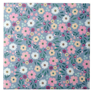 Pretty Blue Pink flowers Botanical Ceramic Tile