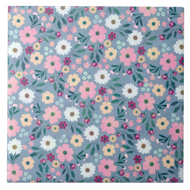 Pretty Blue Pink flowers Botanical Ceramic Tile (Front)