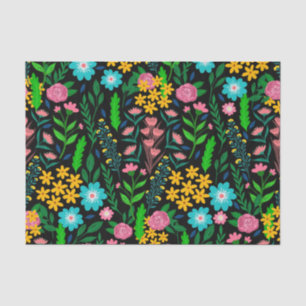 Pretty Blue Pink Garden Flowers Black Design Tissue Paper