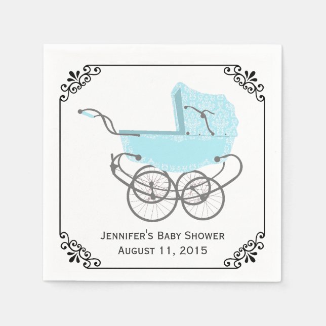 Pretty Blue Pram Custom Baby Shower Paper Napkins (Front)