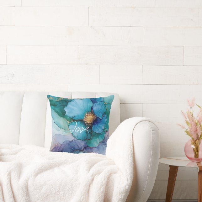 Pretty Blue Purple Aqua Gold Floral Cushion (Couch)