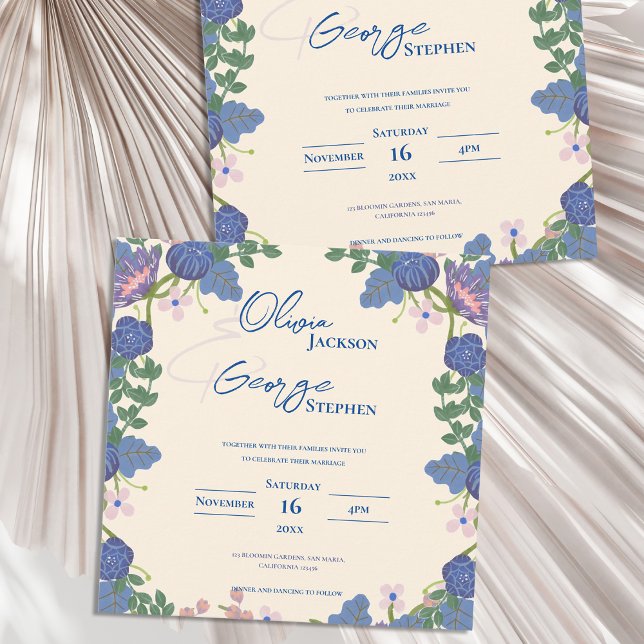 Pretty Blue & Purple Floral Wedding Invitation (Monogram Blue & Purple Floral Wedding Invitation)
