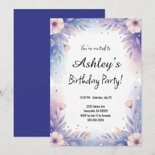 Pretty Blue & Purple Girl's Flower Birthday Party Invitation