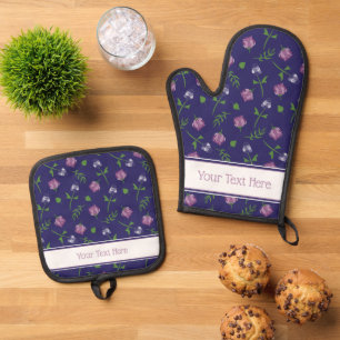 Pretty Blue Purple Pink Roses Rosebud Floral Print Oven Mitt & Pot Holder Set