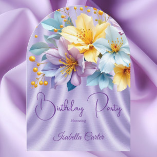 Pretty Blue Purple Yellow Flowers Birthday Party Invitation