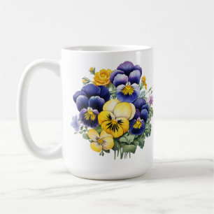 PRETTY BLUE PURPLE YELLOW PANSY FLOWERS COFFEE MUG