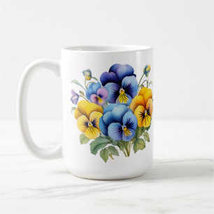 PRETTY BLUE PURPLE YELLOW PANSY FLOWERS COFFEE MUG