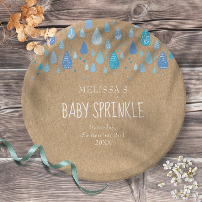 Pretty Blue Raindrops Baby Sprinkle / Shower Boho Paper Plate (Creator Uploaded)