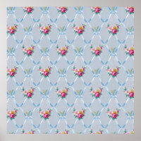 Pretty Blue Ribbons Rose Floral Vintage Wallpaper