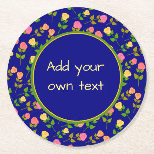 Pretty Blue Rose Pattern Custom Text Round Paper Coaster