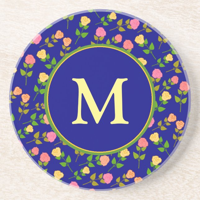 Pretty Blue Rose Pattern Monogram Coaster (Front)
