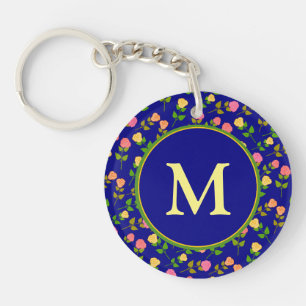Pretty Blue Rose Pattern Monogram Key Ring