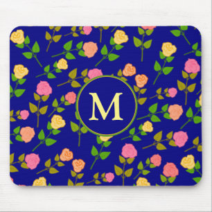 Pretty Blue Rose Pattern Monogram Mouse Pad