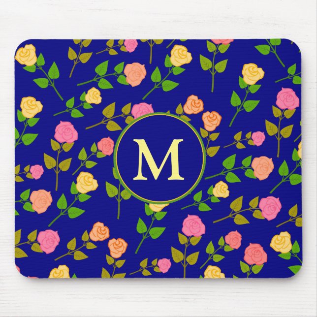 Pretty Blue Rose Pattern Monogram Mouse Pad (Front)