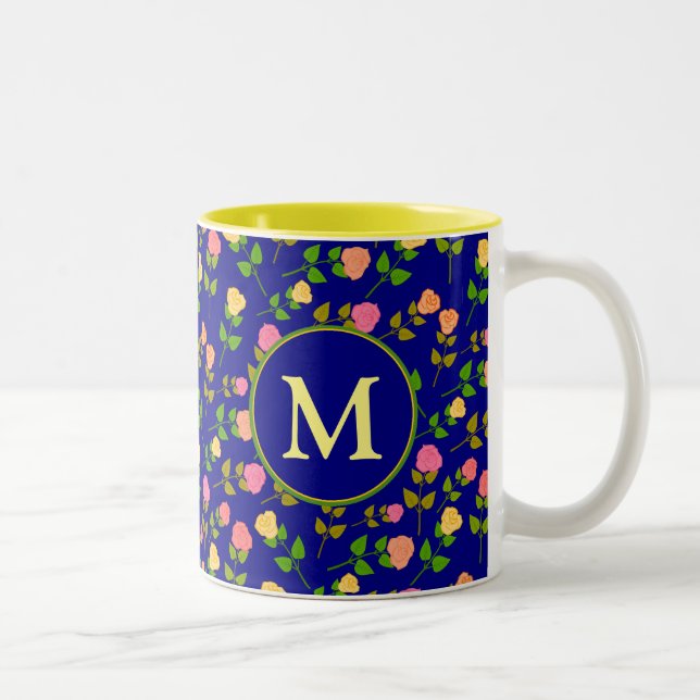 Pretty Blue Rose Pattern Monogram Two-Tone Coffee Mug (Right)