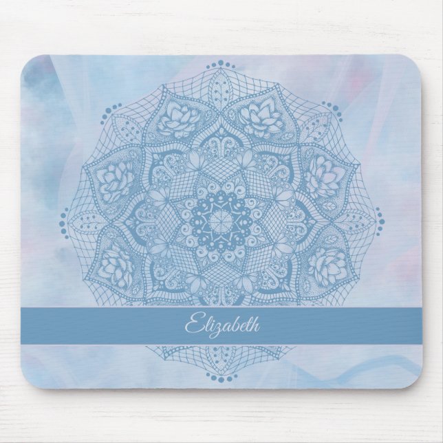 Pretty Blue Sacred Lotus Flower Blossom Mandala   Mouse Pad (Front)