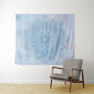 Pretty Blue Sacred Lotus Flower Blossom Mandala Tapestry