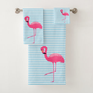 PRETTY BLUE STRIPE FLAMINGO BATHROOM TOWEL SET