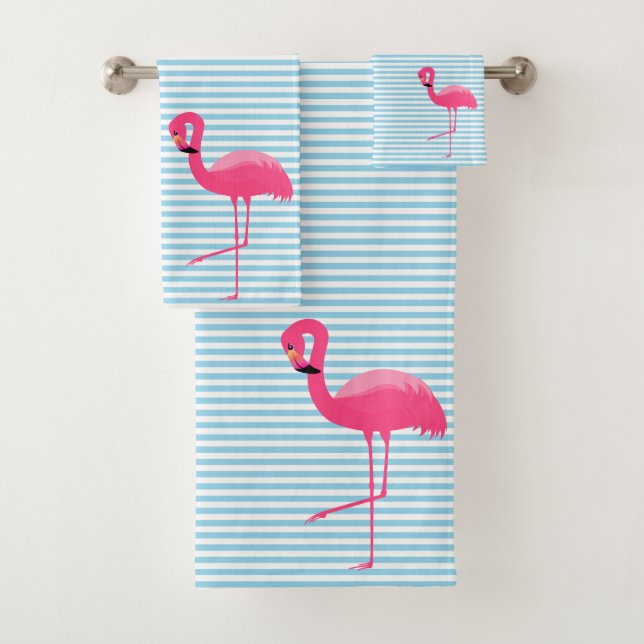 PRETTY BLUE STRIPE FLAMINGO BATHROOM TOWEL SET (Insitu)