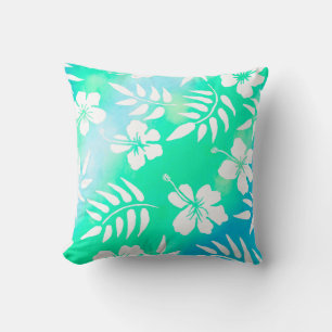 Pretty Blue, Teal and White Aloha Hawaiian Style Cushion