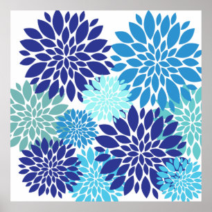 Pretty Blue Teal Turquoise Flowers Floral Art Poster