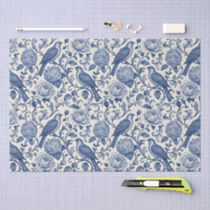Pretty Blue Toile De Jouy Bird & Floral Pattern Tissue Paper