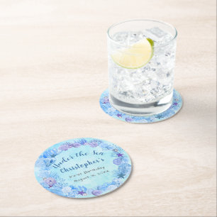 Pretty Blue Under The Sea Boy's Birthday Round Paper Coaster