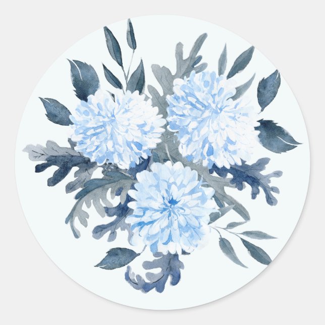 Pretty Blue Watercolor Floral Classic Round Sticker (Front)