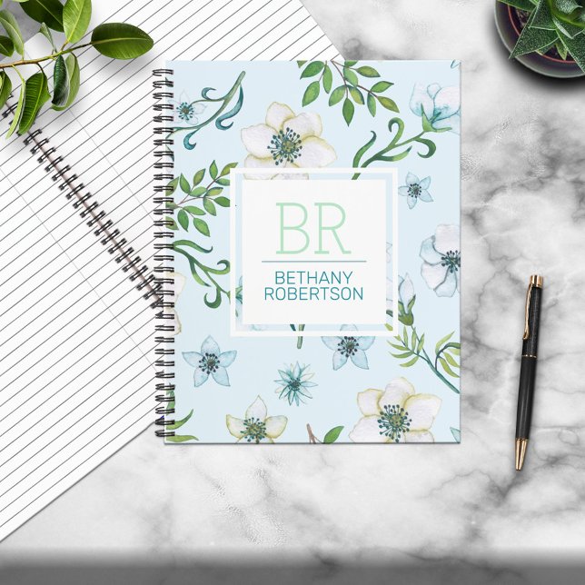 Pretty Blue Watercolor Floral Personalised Notebook (Creator Uploaded)