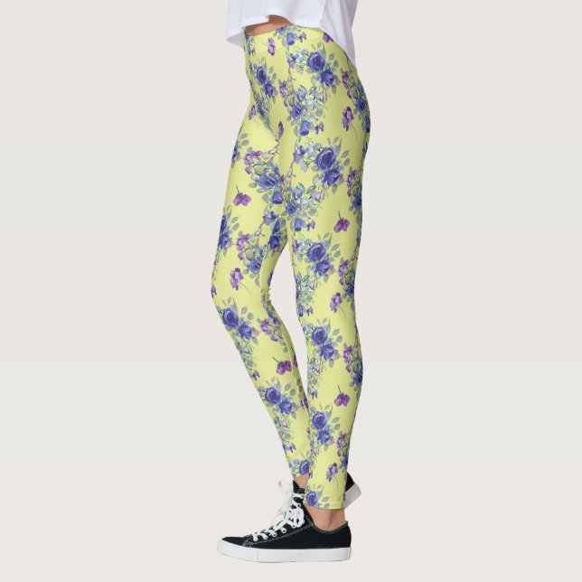 Pretty Blue Watercolor Flowers on Yellow Leggings (Left)