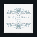 Pretty Blue Wedding Favour Magnet<br><div class="desc">Classic flourish/swirls frame graphic.  Your names/special occasion date (e.g.,  wedding ceremony date) can be easily personalised with your choice of Zazzle fonts (e.g.,  modern hand lettered script). If you need assistance with placement or customisation,  please use the "Contact This Designer" link on the right hand side of this page</div>