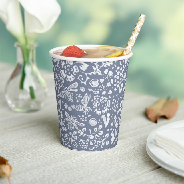 Pretty Blue White Bee Floral Garden Pattern Paper Cups (Insitu)