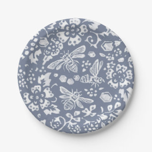 Pretty Blue White Bee Floral Garden Pattern Paper Plate