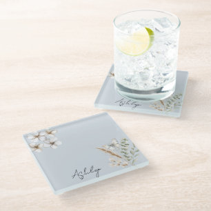 Pretty Blue White Butterfly Floral Glass Coaster