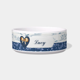 Pretty Blue/White Dog Bowl w/Heart & Bow