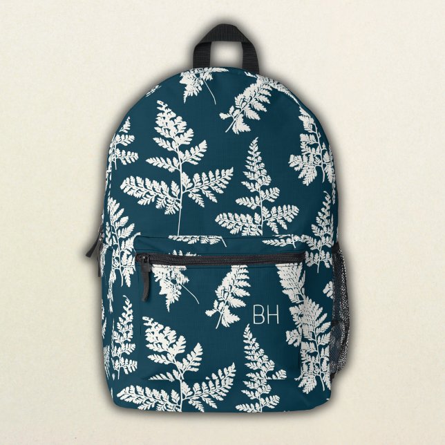 Pretty Blue & White Fern Pattern Monogram Initials Printed Backpack (Creator Uploaded)