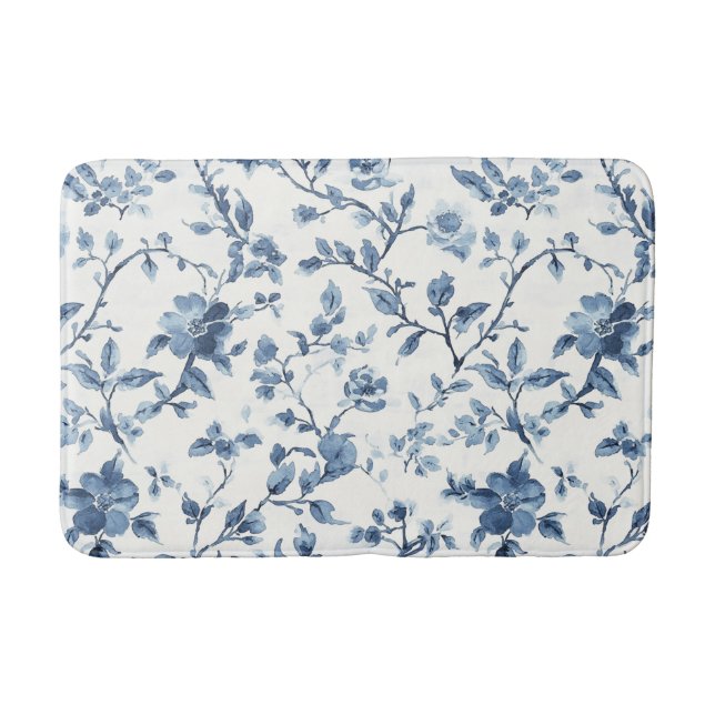 Pretty Blue White Floral   Bath Mat (Front)