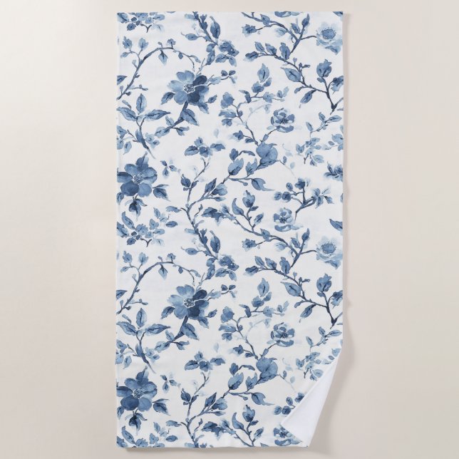 Pretty Blue White Floral   Beach Towel (Front)