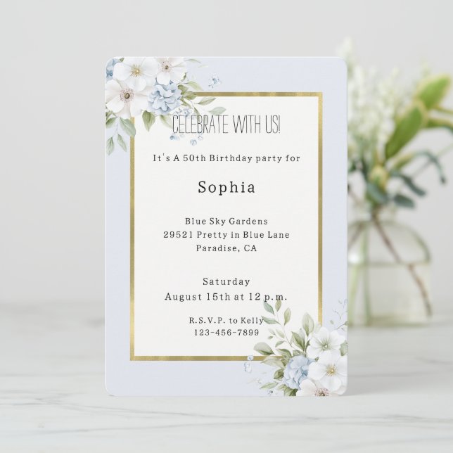 Pretty Blue White Floral Birthday Invitation (Standing Front)