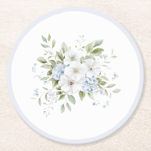 Pretty Blue White Floral Bridal Shower Round Paper Coaster (Front)