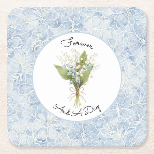 Pretty Blue White Floral Bridal Shower Square Paper Coaster