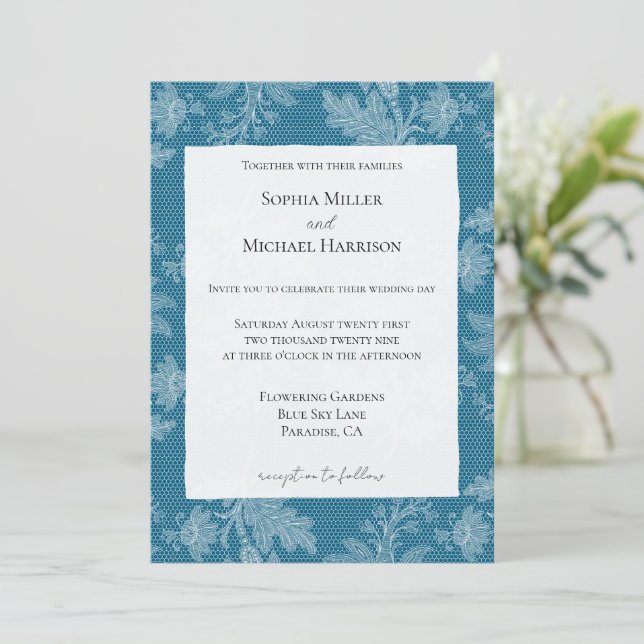 Pretty Blue White Floral Faux Lace Wedding Invitation (Standing Front)