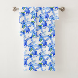 Pretty Blue White Floral Pattern Bath Towel Set