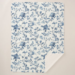 Pretty Blue White Floral   Sherpa Blanket
