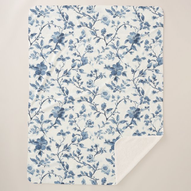 Pretty Blue White Floral   Sherpa Blanket (Front)