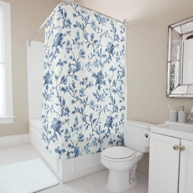 Pretty Blue White Floral   Shower Curtain (In Situ)