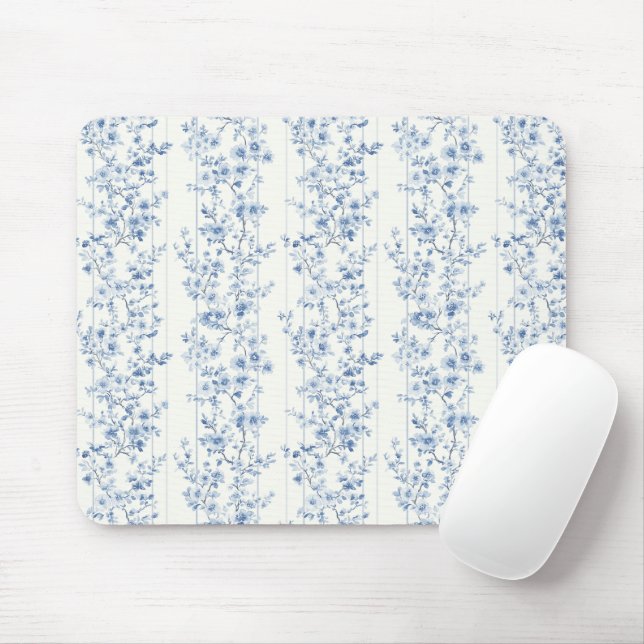 Pretty Blue White Floral Stripes Mouse Pad (With Mouse)