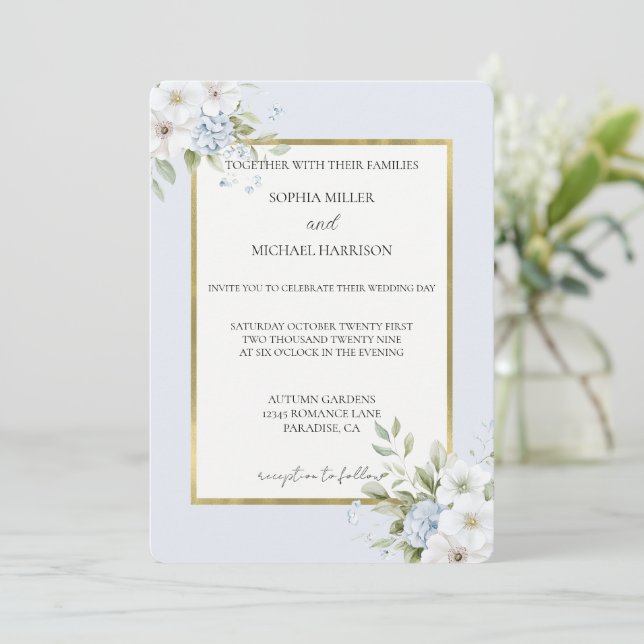 Pretty Blue White Floral Wedding Invitation (Standing Front)